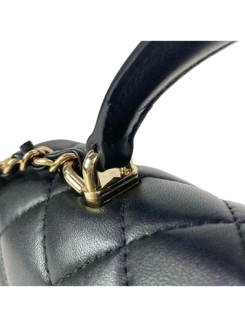 Chanel Shoulder Bag Quilted Top Handle Mini Flap Black Chain Champagne Gold